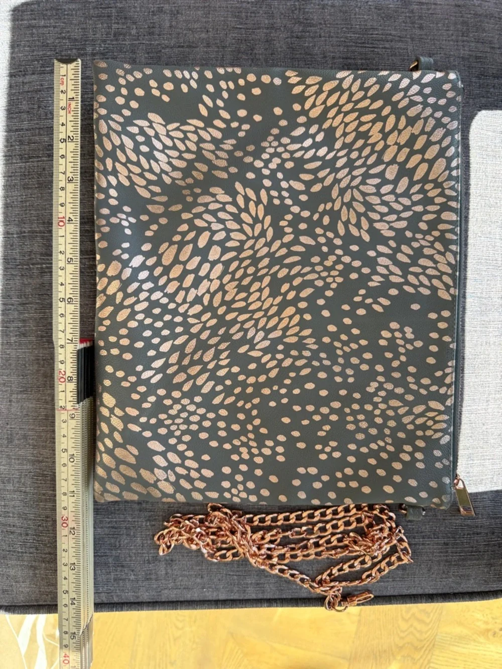 Erin Condren Grey Clutch with Rose Gold Leaf Motif and Chain Strap